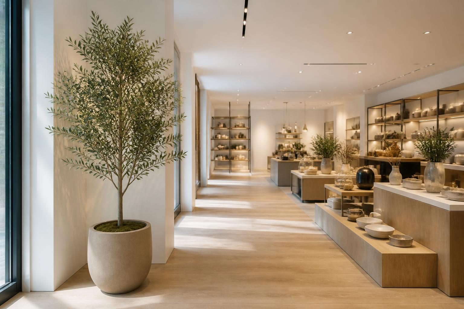 Arbre artificiel en retrait dans une boutique contemporaine, avec une allée et des présentoirs visibles