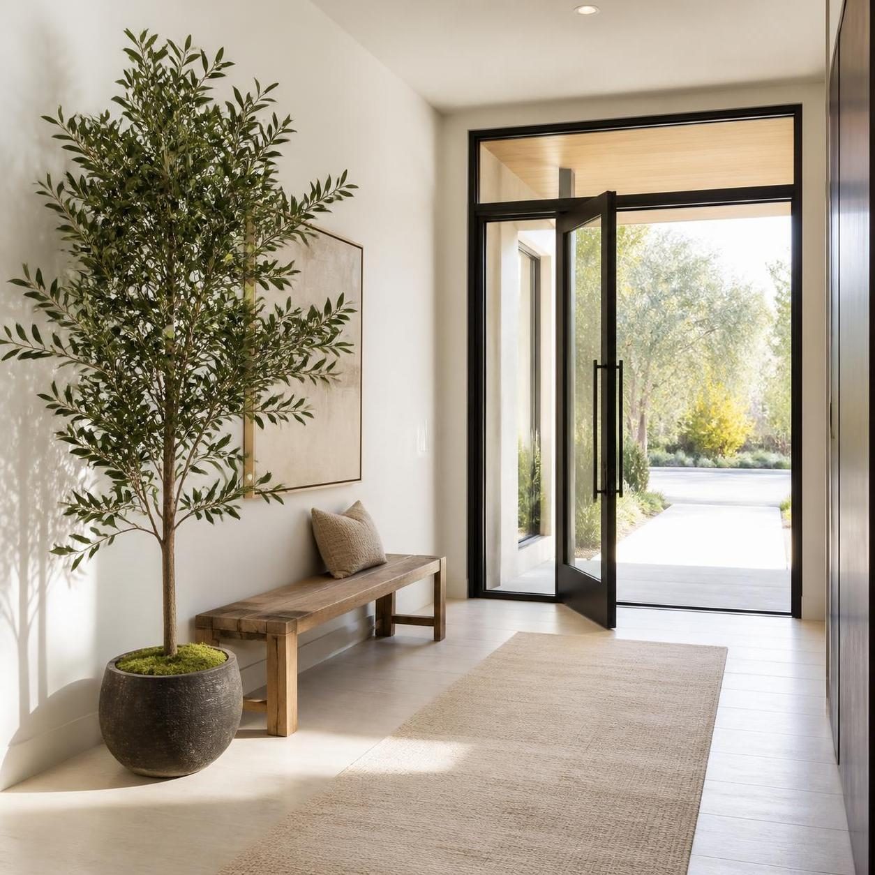 Grande plante artificielle dans une entrée lumineuse sans gêner le passage