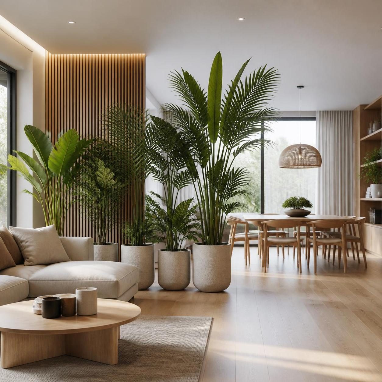 Plantes artificielles séparant avec élégance le salon et le coin repas