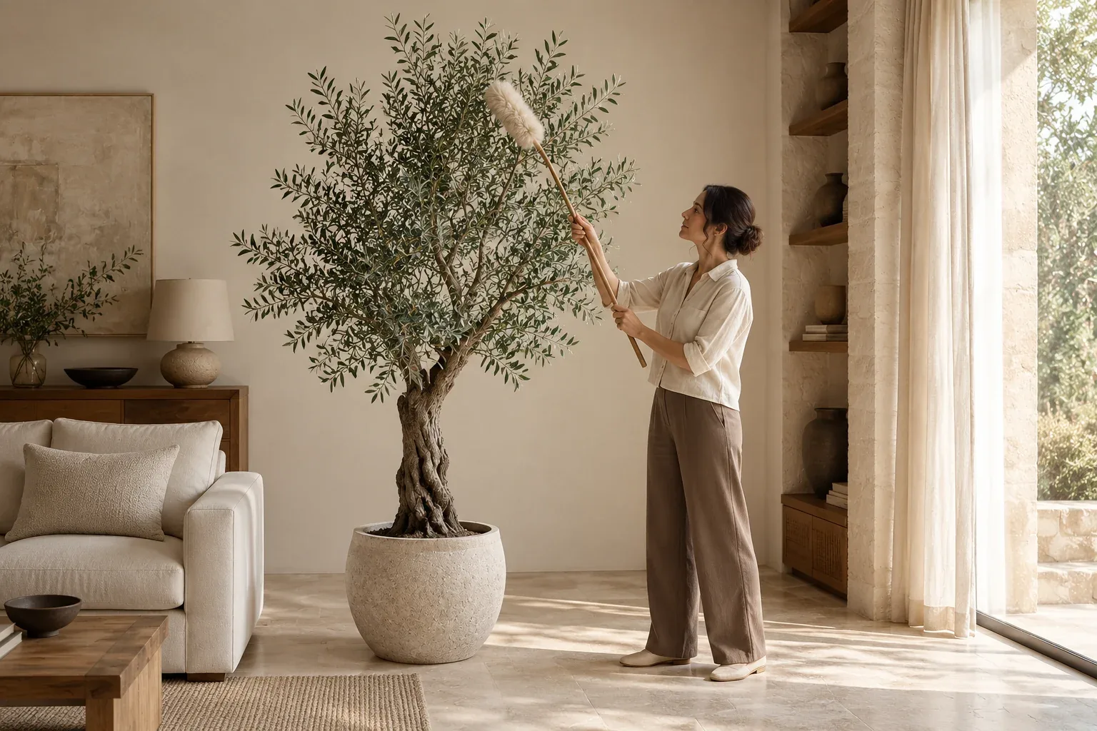 Personne debout au sol dépoussiérant les feuilles hautes d’une grande plante artificielle en pot avec un plumeau doux à manche.