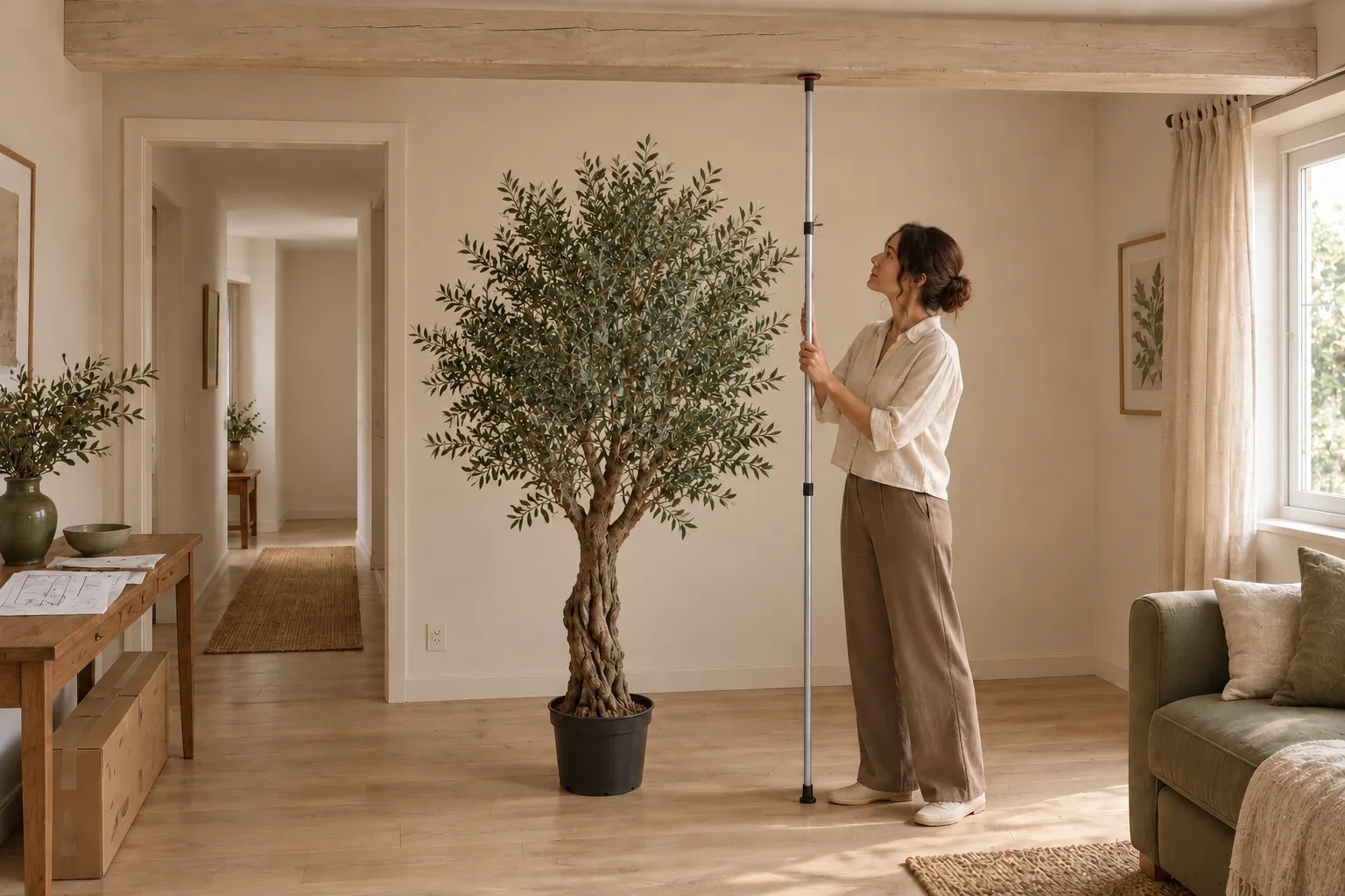Personne mesurant la hauteur sous une poutre basse près d'un arbre artificiel en pot technique au sol, avec couloir d'accès et croquis sur une table.